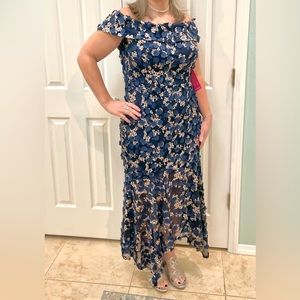 Blue floral mid length formal dress Xscape brand US SZ 16.
